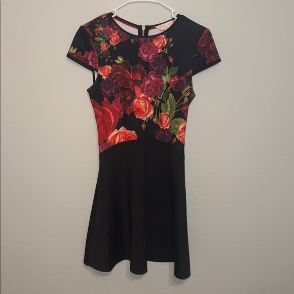 Ted Baker Black Dress with Red Floral Scuba - size 1. B2